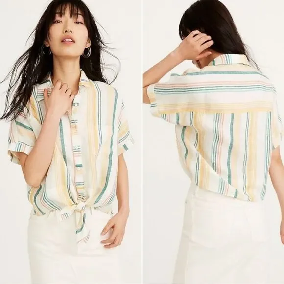 Madewell Pineapple Stripe Linen Short Sleeve Button Up Tie Front Top Size L - Picture 1 of 6